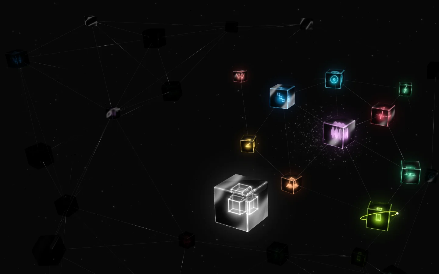 Obsidian glass cubes float in the dark, each lit from within in its own colour. A silver cube meets one, joined by a thread of light.
